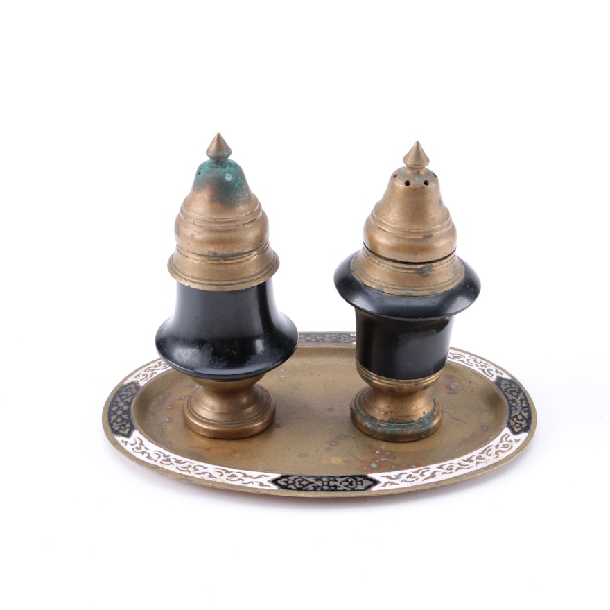 Brass Salt and Pepper Shakers with Tray