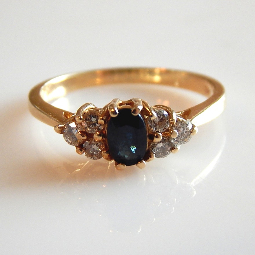 14K Yellow Gold Blue Sapphire and Diamond Ring