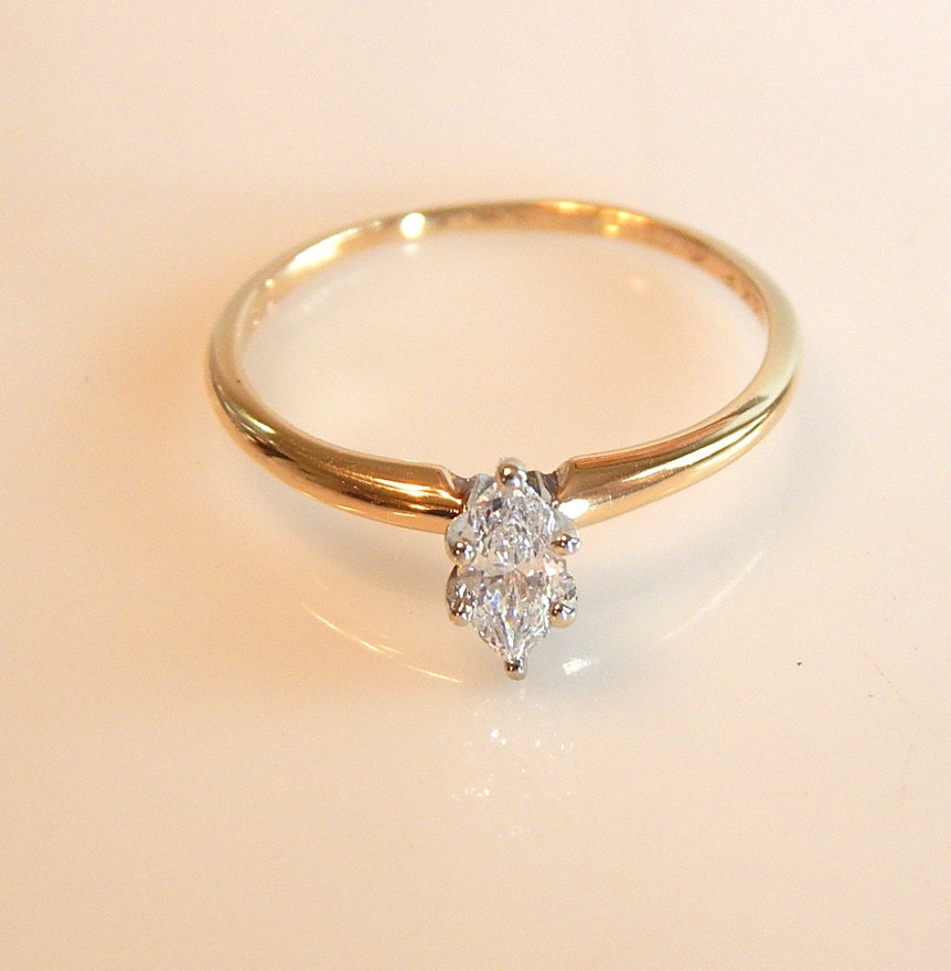 14K Yellow Gold Marquise Diamond Solitaire Ring