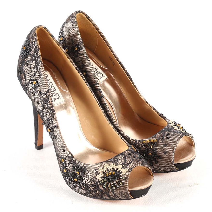 Badgley Mischka "Stella" Leather and Lace Open-Toe Dress Pumps with Beads