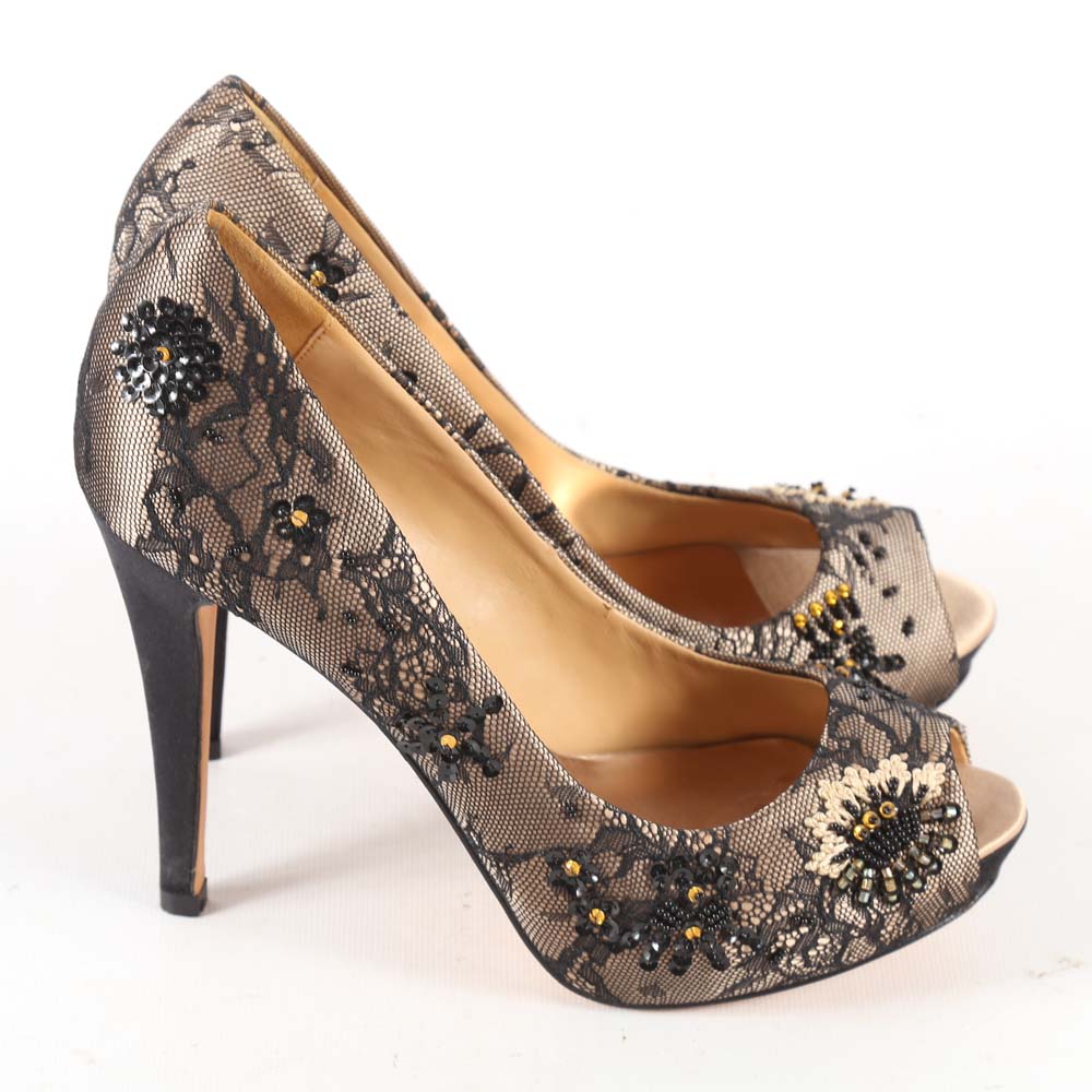Badgley Mischka "Stella" Leather and Lace Open-Toe Dress Pumps with Beads