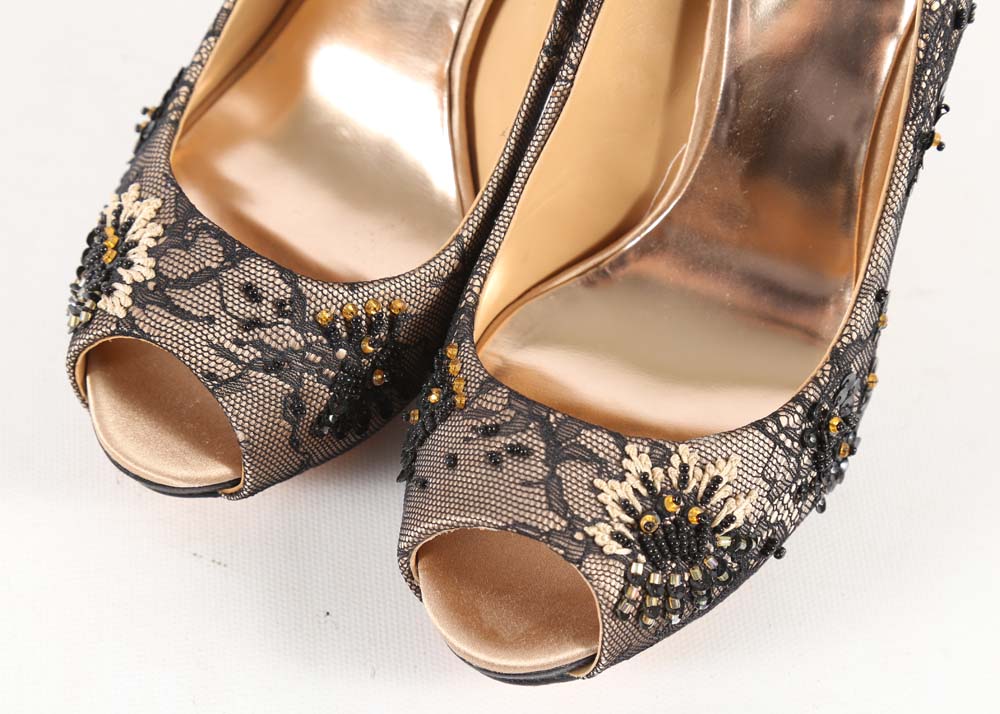 Badgley Mischka "Stella" Leather and Lace Open-Toe Dress Pumps with Beads