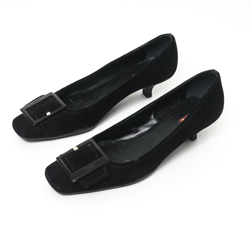 Prada Black Suede Leather Buckle Heels