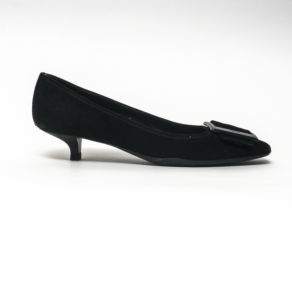 Prada Black Suede Leather Buckle Heels