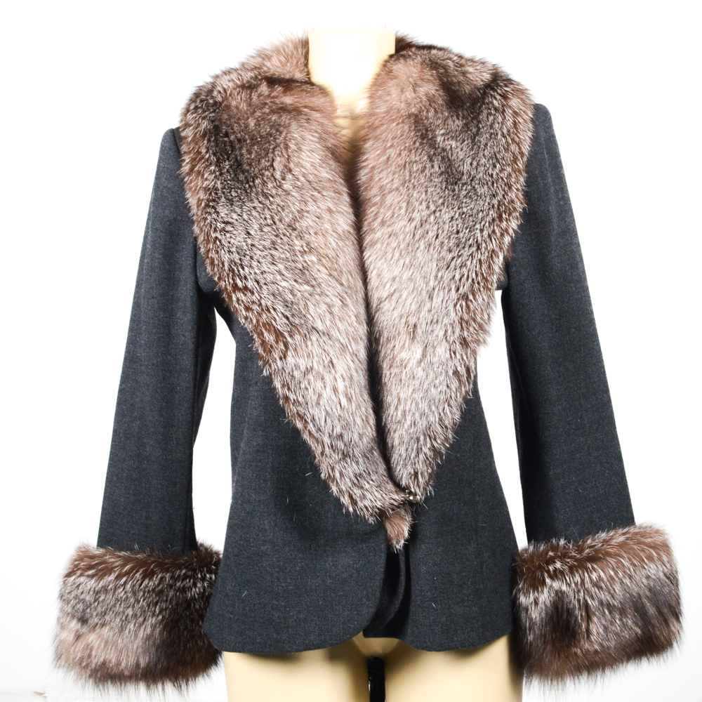 Nolan Miller Wool Dress Suit Trimmed in Fox Fur