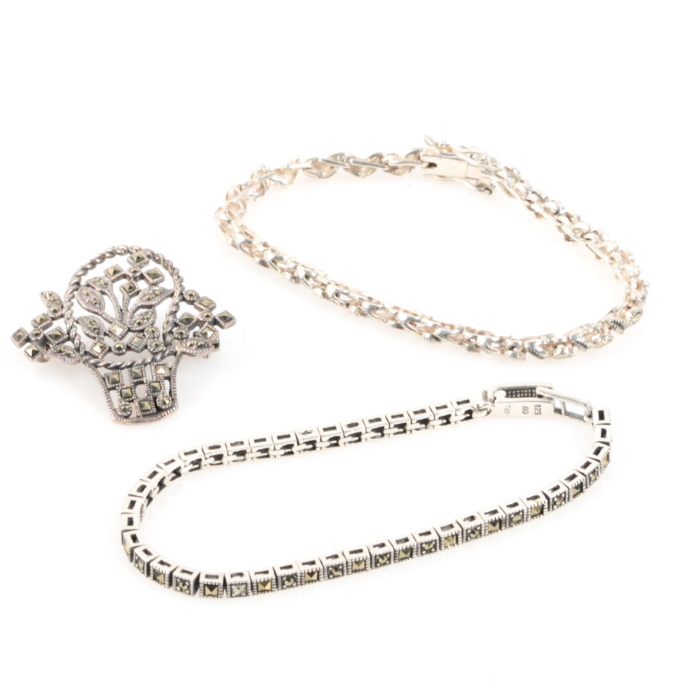 Sterling Silver Marcasite Bracelets and Brooch