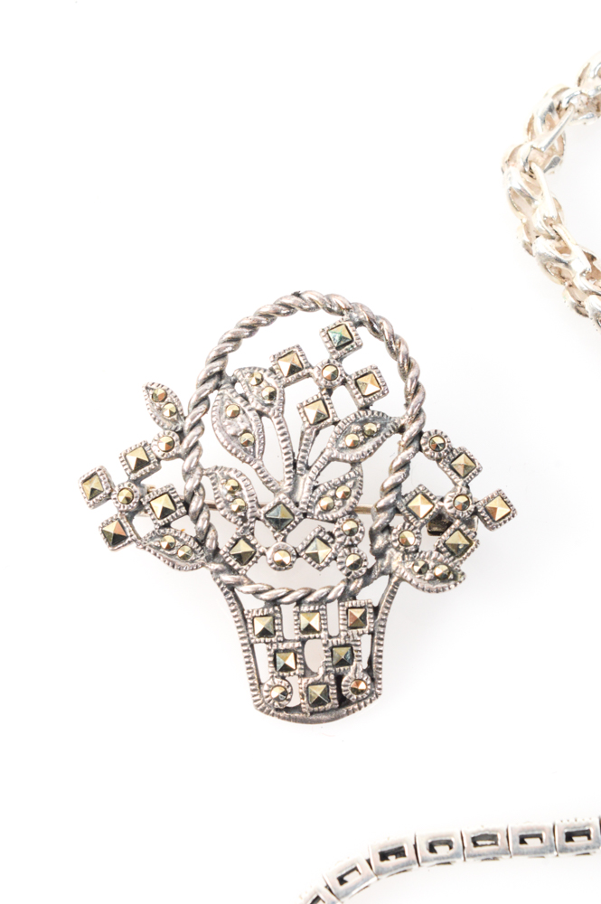 Sterling Silver Marcasite Bracelets and Brooch