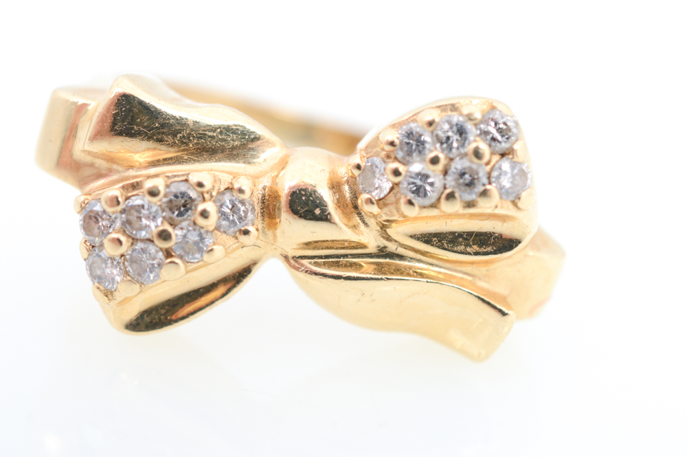 14K Yellow Gold Diamond Bow Ring