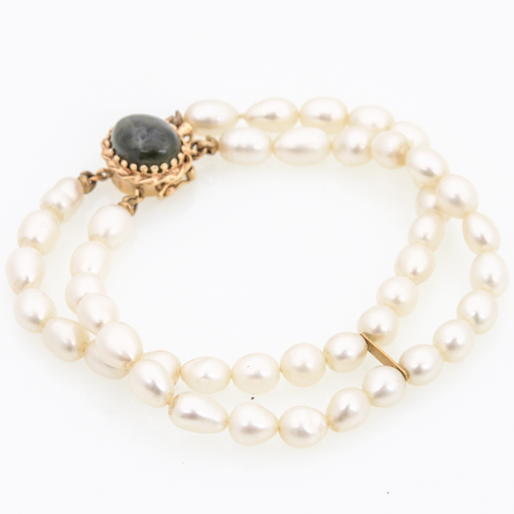 14K Gold Pearl and Nephrite Bracelet