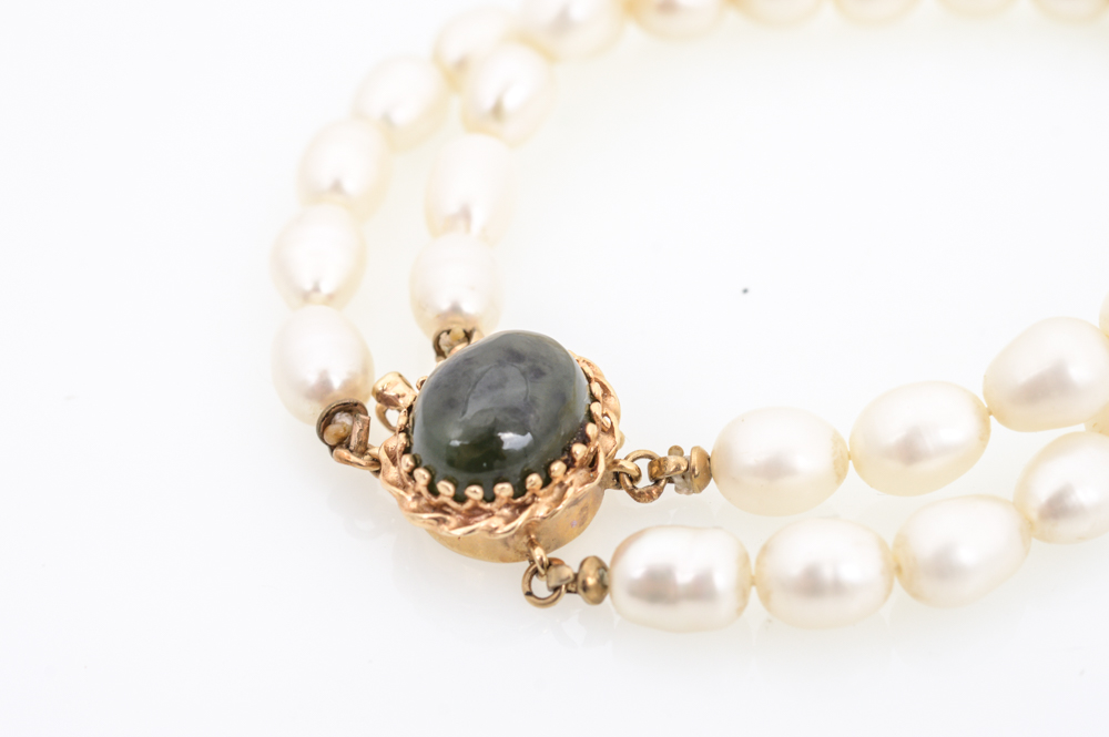 14K Gold Pearl and Nephrite Bracelet