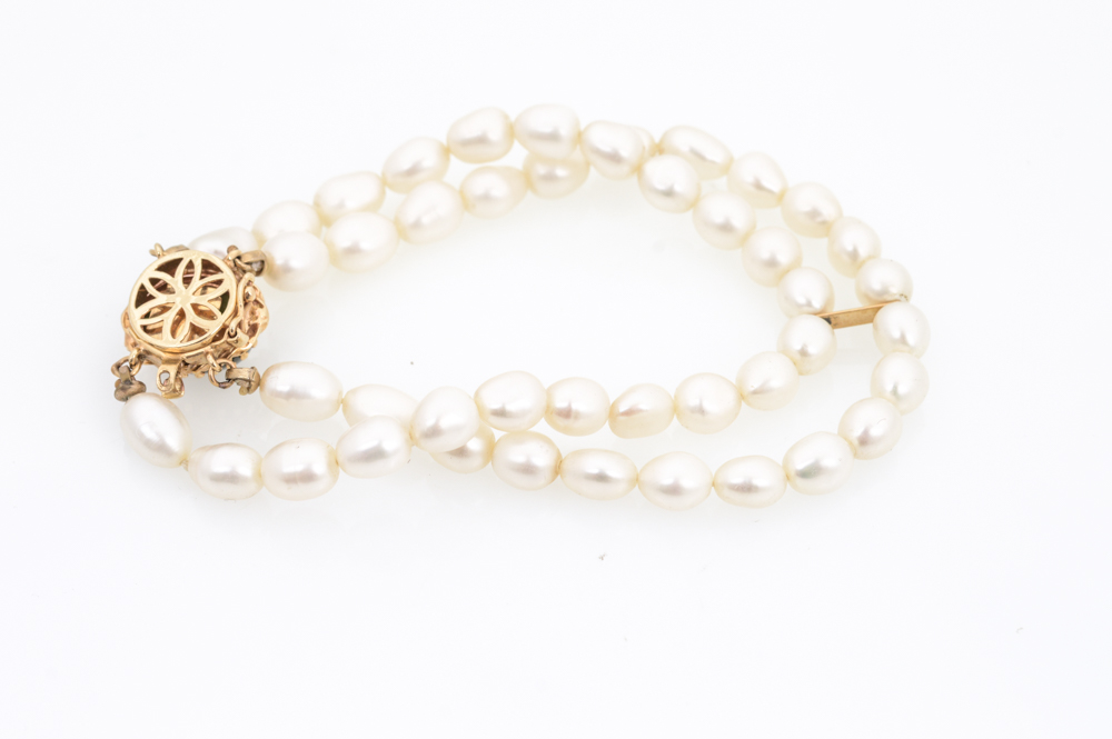 14K Gold Pearl and Nephrite Bracelet