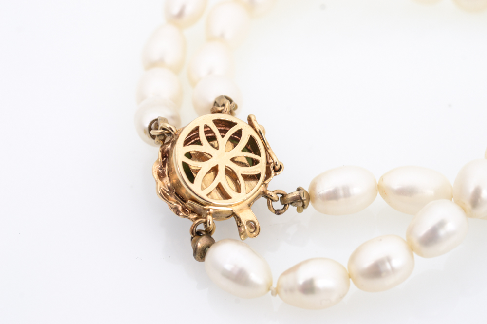 14K Gold Pearl and Nephrite Bracelet