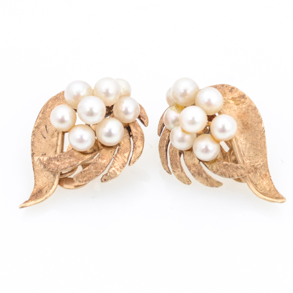 14K Yellow Gold Cultured Pearl Earrings.