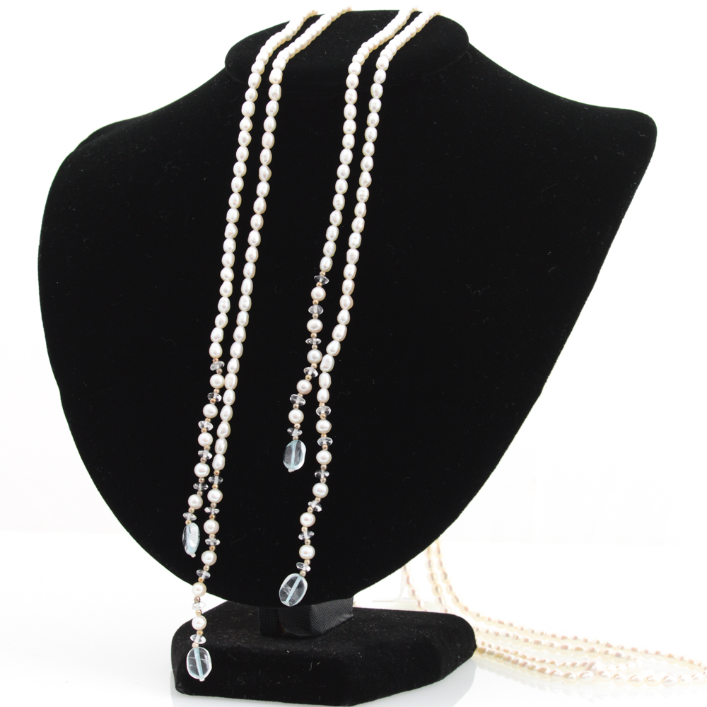 Sterling Silver, Blue Topaz, and Pearl Lariat Necklace
