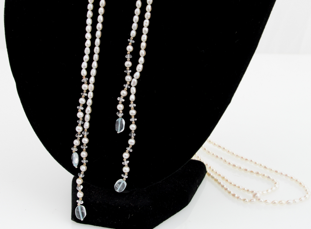 Sterling Silver, Blue Topaz, and Pearl Lariat Necklace