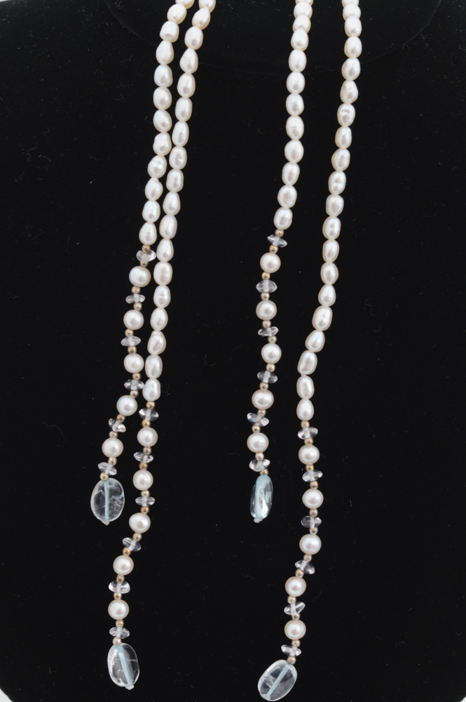 Sterling Silver, Blue Topaz, and Pearl Lariat Necklace