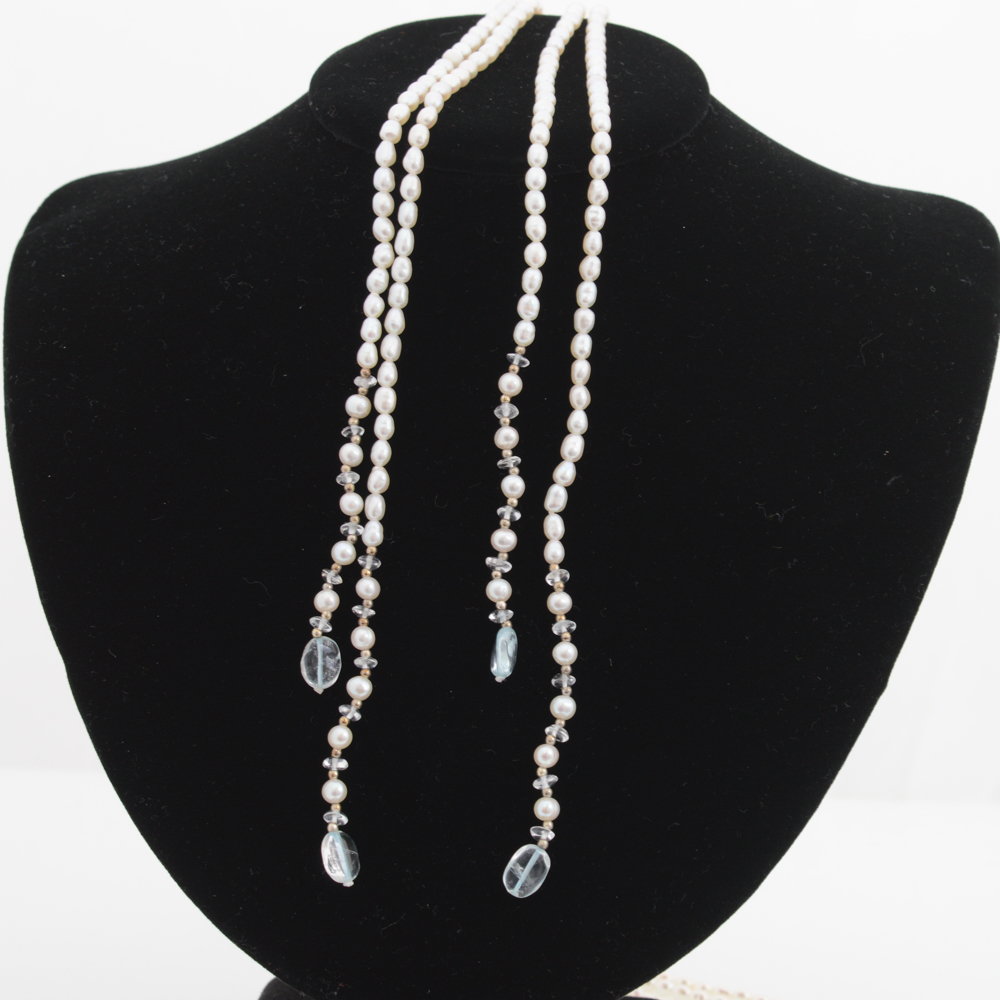 Sterling Silver, Blue Topaz, and Pearl Lariat Necklace