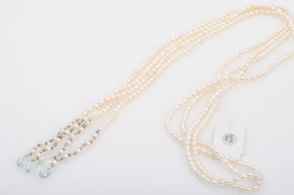 Sterling Silver, Blue Topaz, and Pearl Lariat Necklace