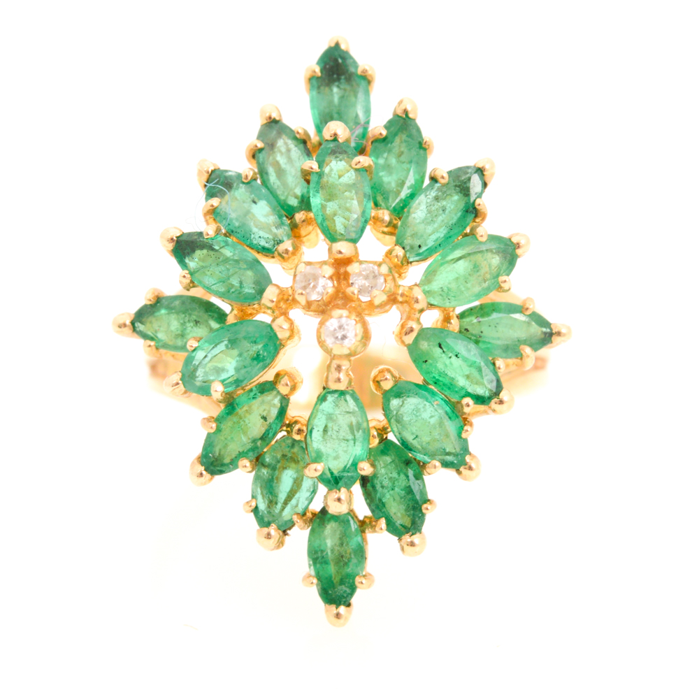 14K Yellow Gold Emerald and Diamond Ring