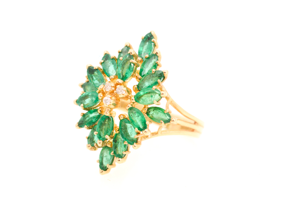 14K Yellow Gold Emerald and Diamond Ring