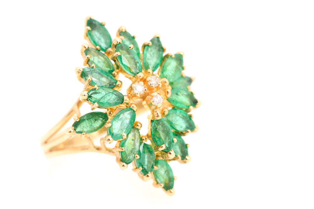 14K Yellow Gold Emerald and Diamond Ring