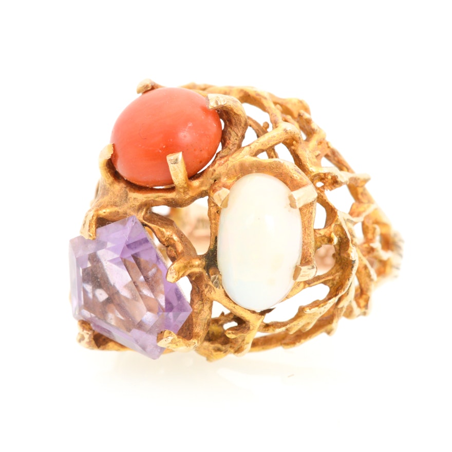 14K Yellow Gold Opal, Amethyst, and Coral ring