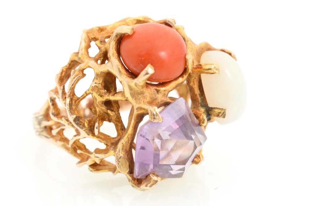 14K Yellow Gold Opal, Amethyst, and Coral ring