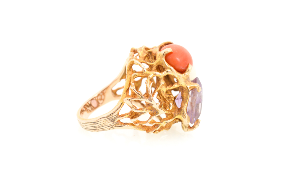 14K Yellow Gold Opal, Amethyst, and Coral ring