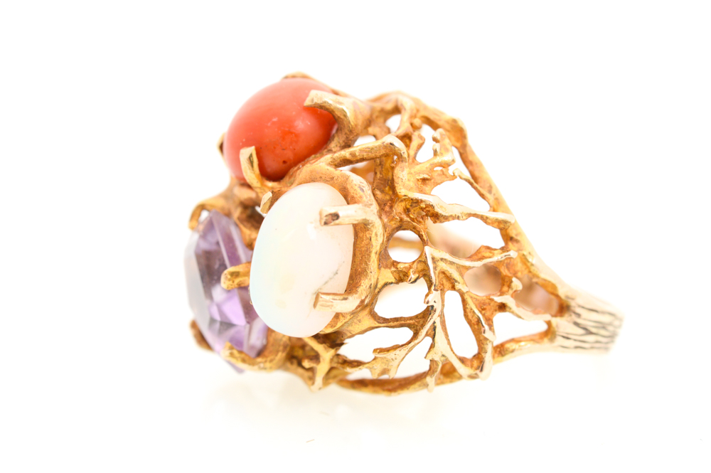 14K Yellow Gold Opal, Amethyst, and Coral ring