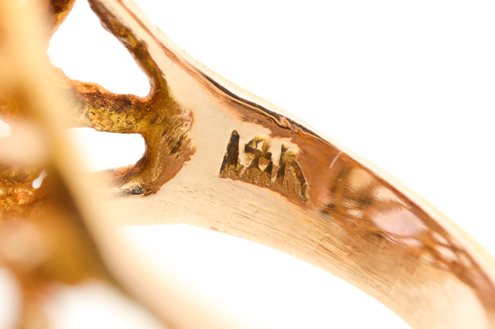 14K Yellow Gold Opal, Amethyst, and Coral ring