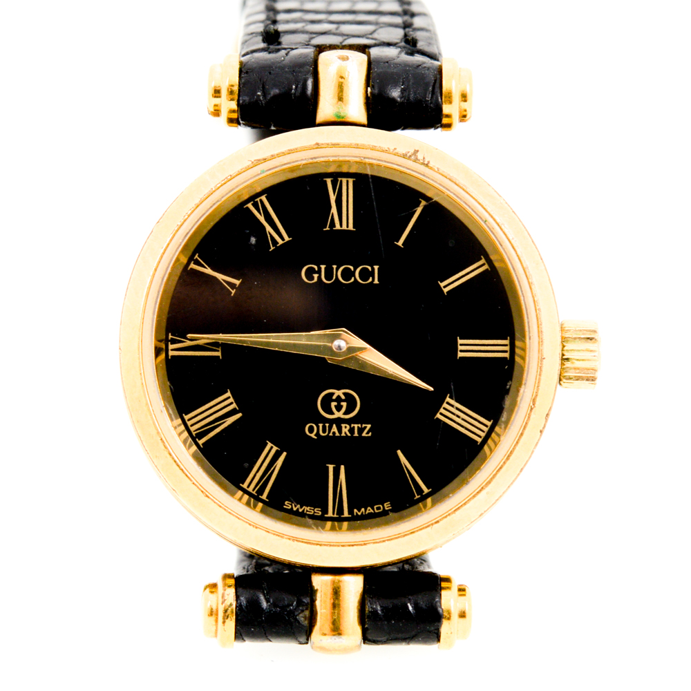 Vintage Gucci Watch with Embossed Black Leather Band