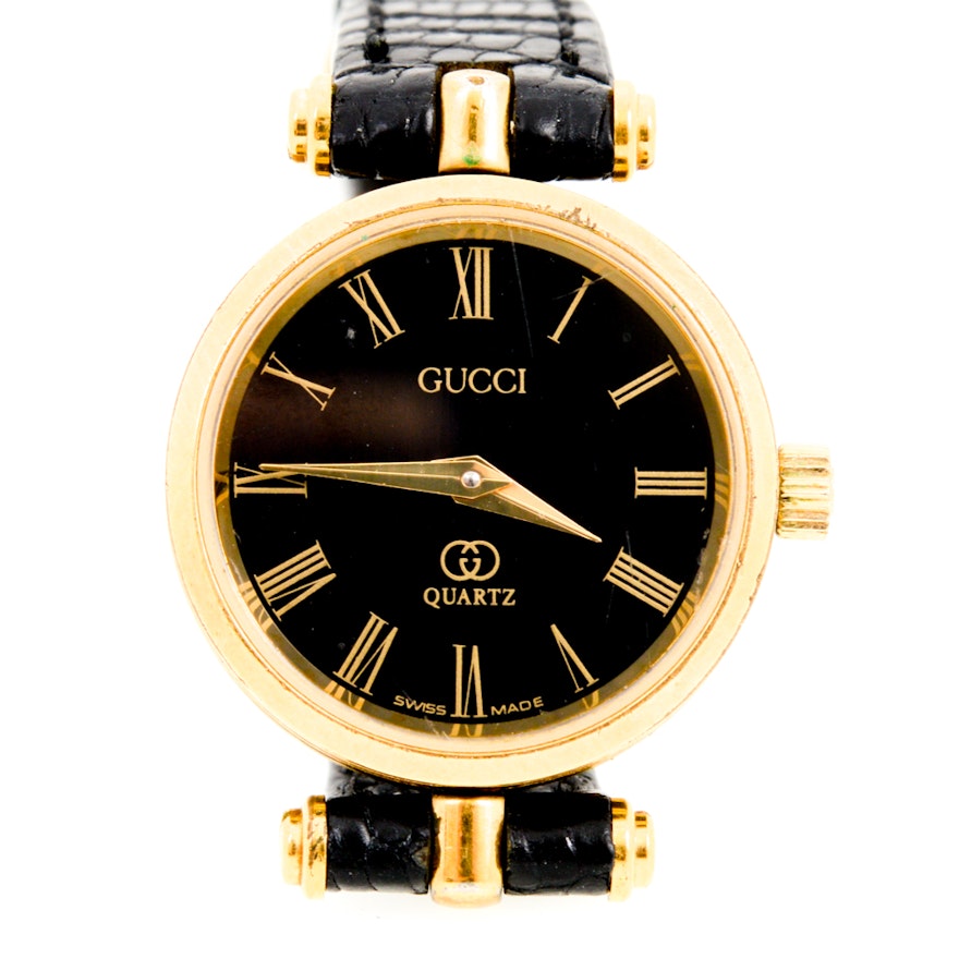 Vintage Gucci Wristwatch with Embossed Black Leather Band