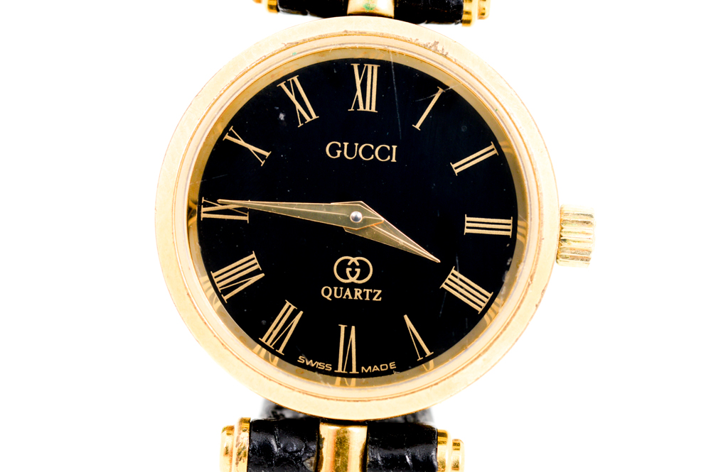 Vintage Gucci Watch with Embossed Black Leather Band
