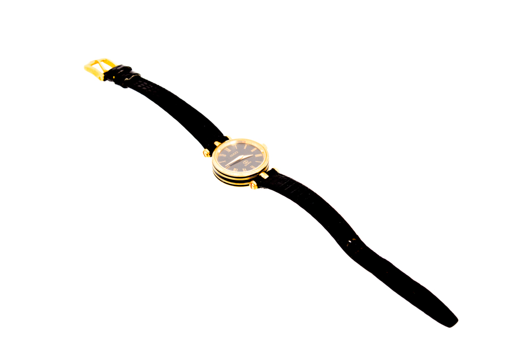 Vintage Gucci Watch with Embossed Black Leather Band