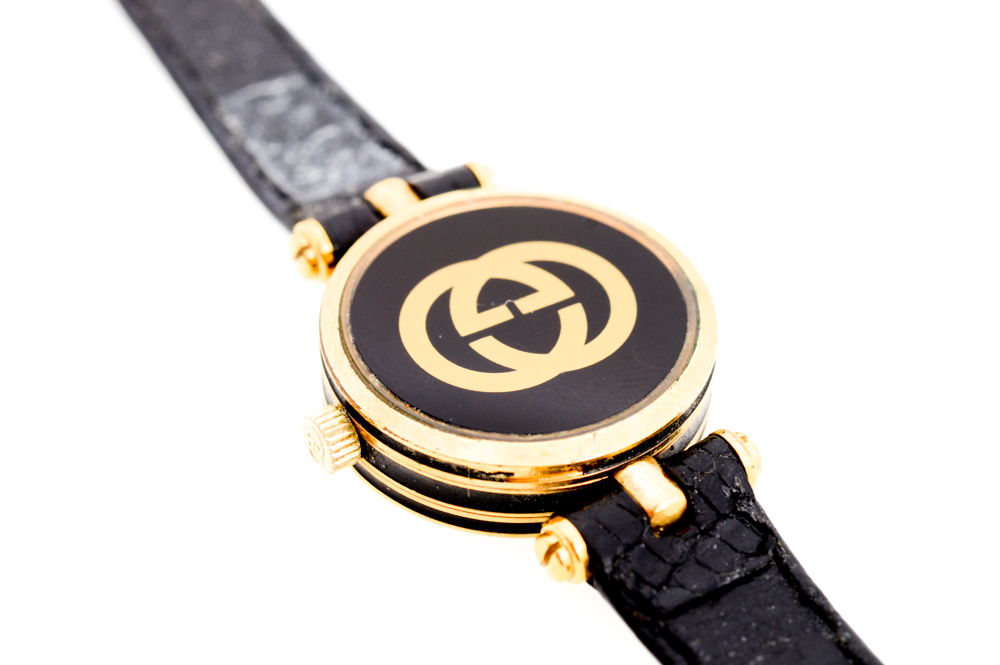 Vintage Gucci Watch with Embossed Black Leather Band