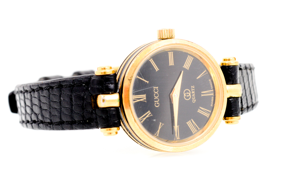 Vintage Gucci Watch with Embossed Black Leather Band