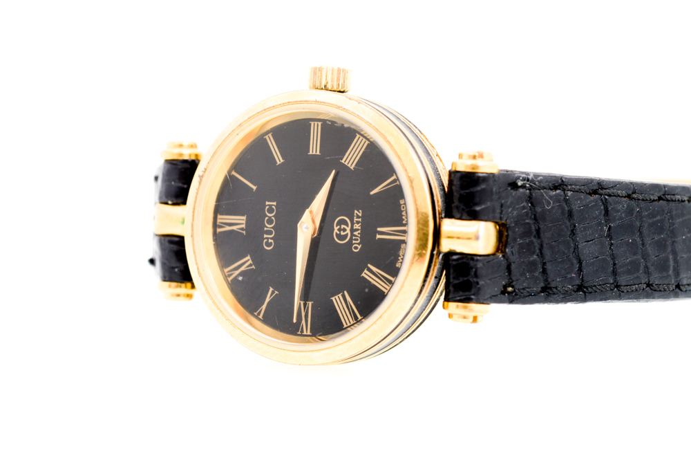 Vintage Gucci Watch with Embossed Black Leather Band