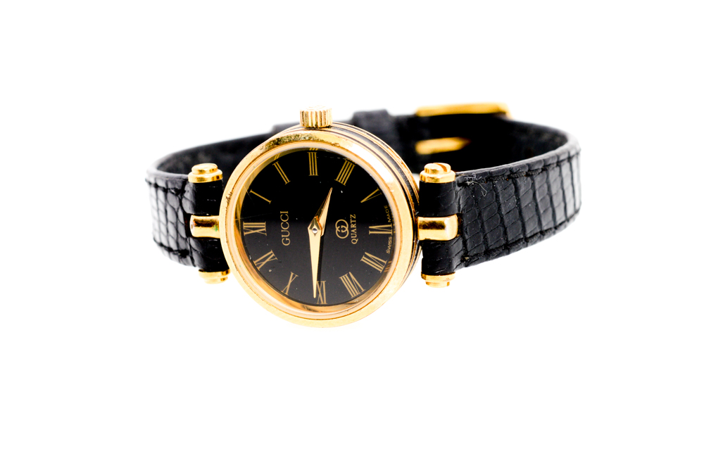 Vintage Gucci Watch with Embossed Black Leather Band