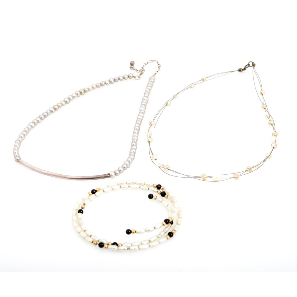 Sterling Silver and Pearl Necklaces with Bracelet