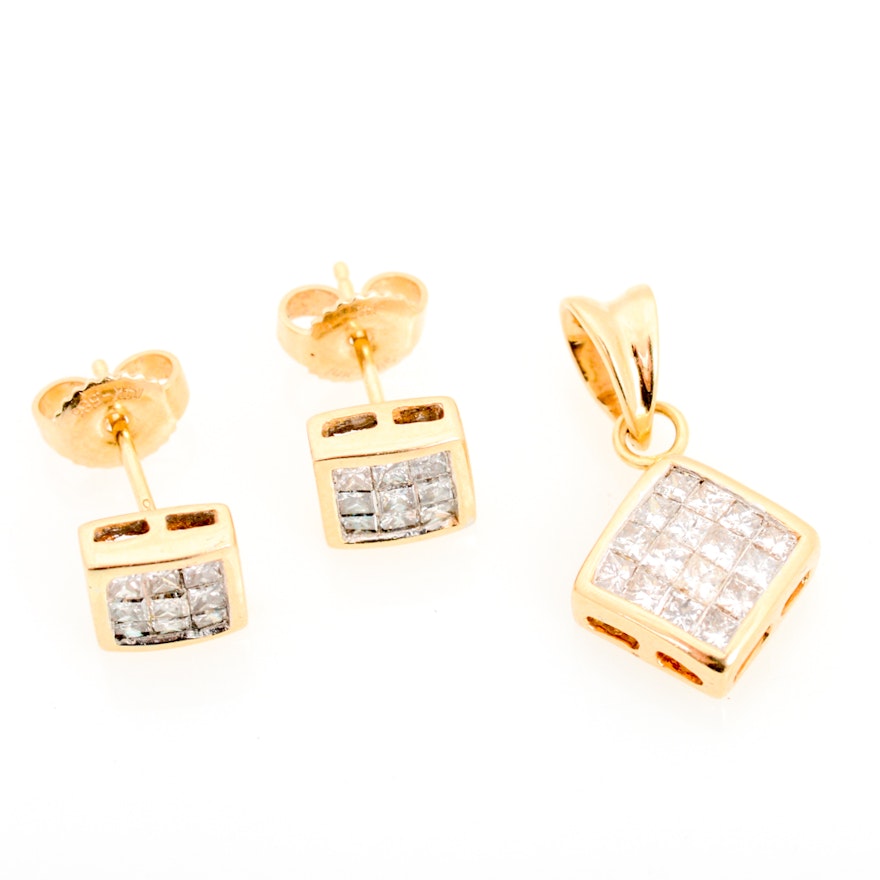 14K Yellow Gold Diamond Earrings and Pendant