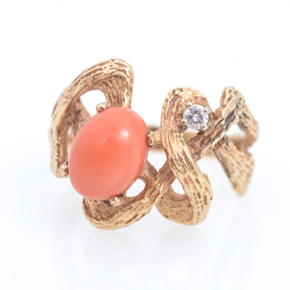 10K Yellow Gold Coral and Diamond Ring