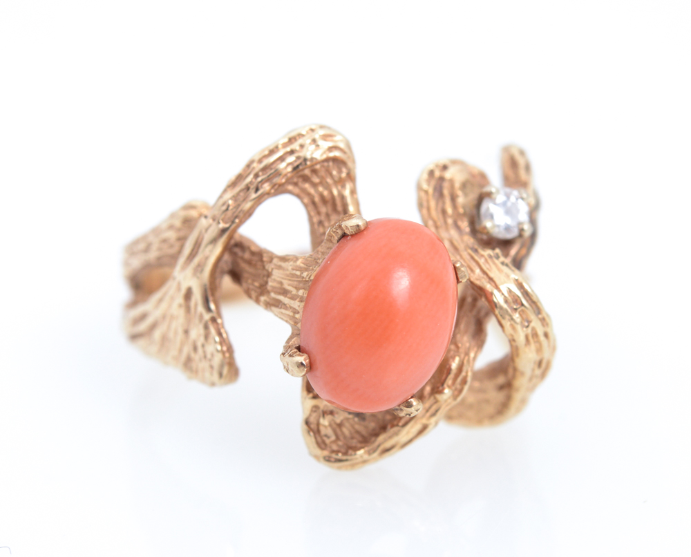 10K Yellow Gold Coral and Diamond Ring