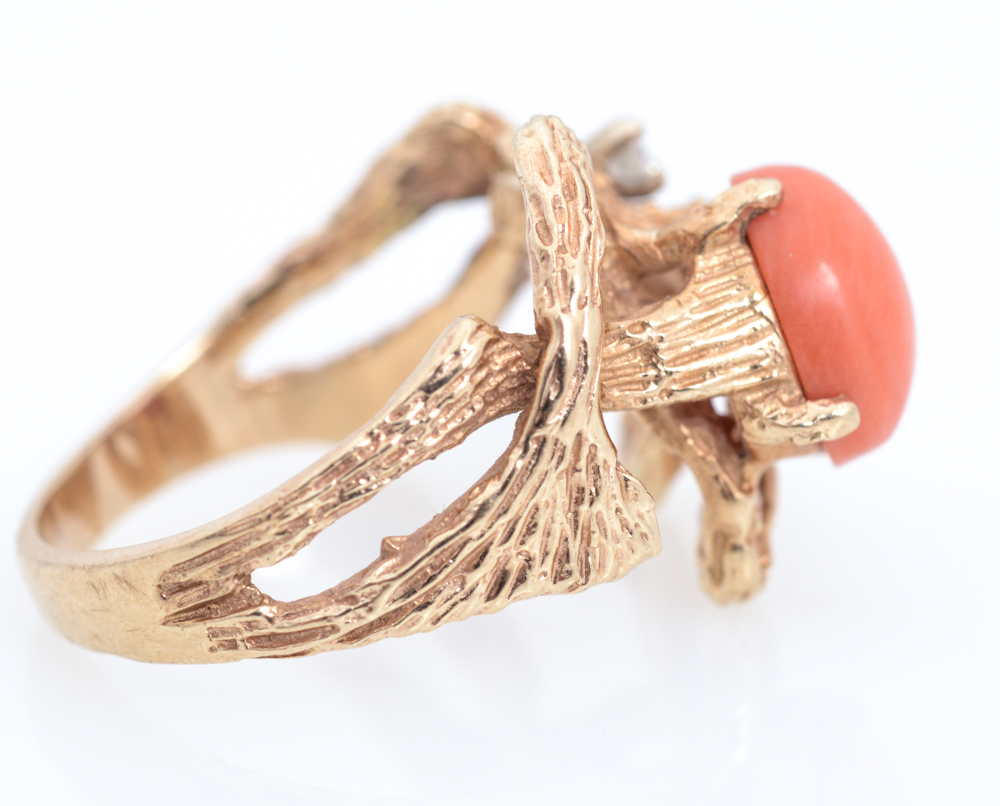 10K Yellow Gold Coral and Diamond Ring