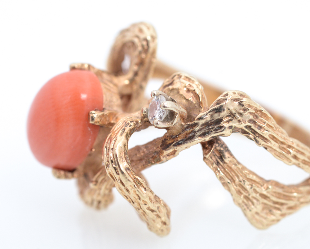 10K Yellow Gold Coral and Diamond Ring