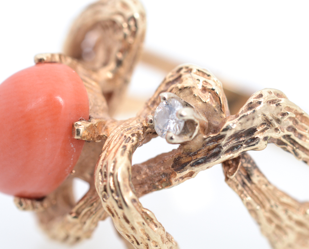 10K Yellow Gold Coral and Diamond Ring
