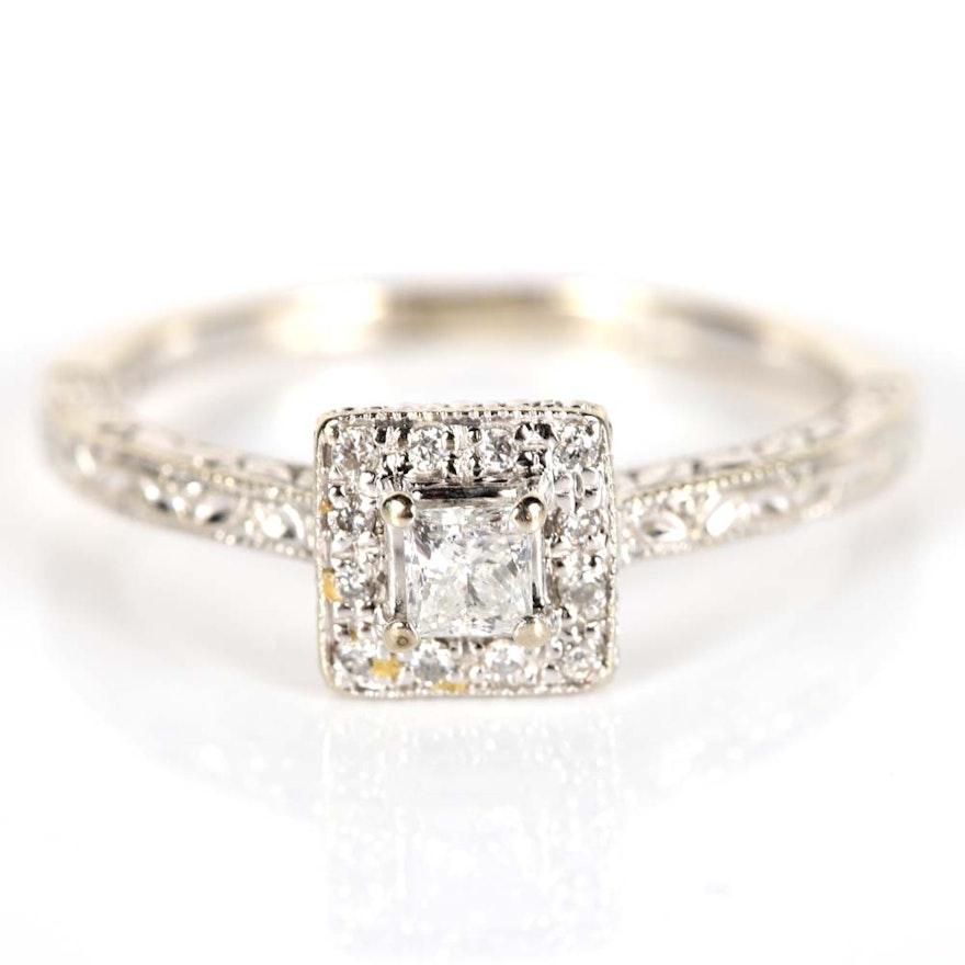 10K White Gold Princess Cut Diamond Halo Ring