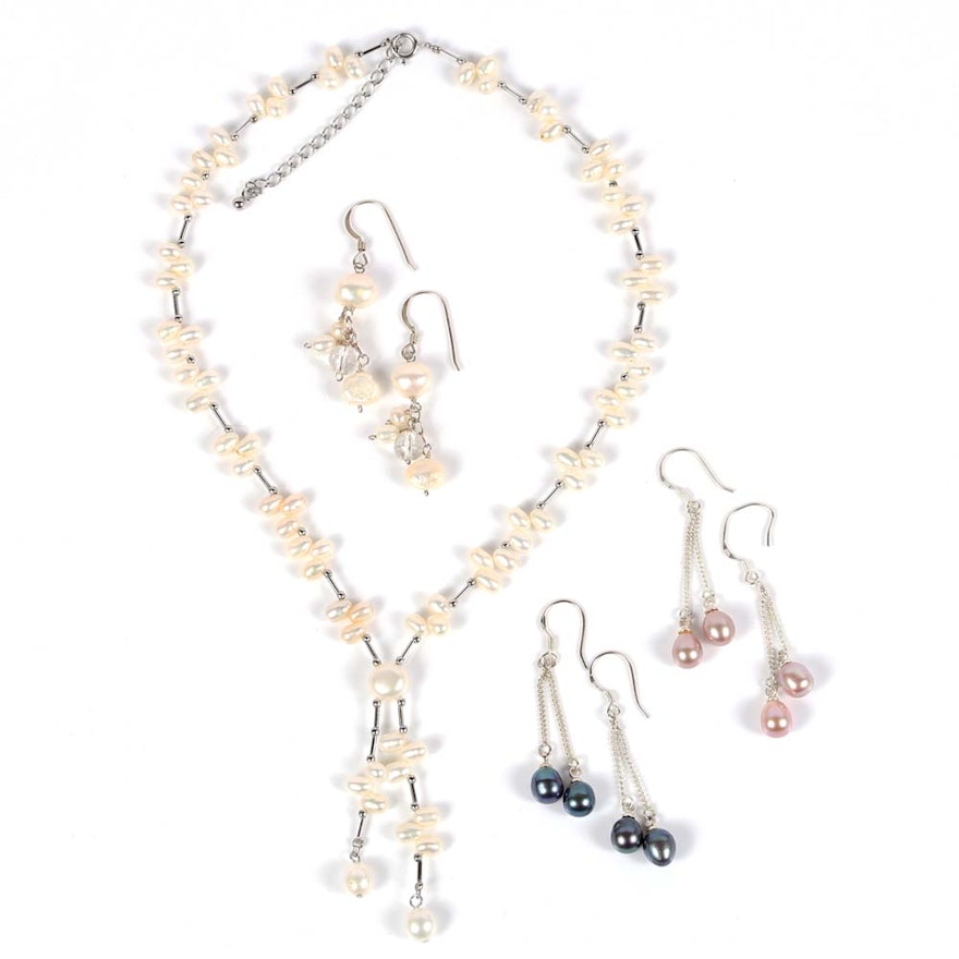 Sterling Silver Freshwater Pearl Necklace and Earrings