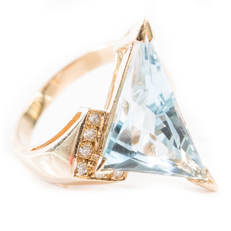 Bold 14K Yellow Gold 9.85 CT Blue Topaz and Diamond Ring