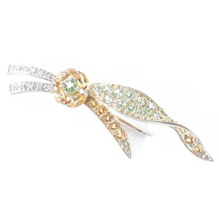 10K Yellow Gold 1.04 CTW Peridot, 1.35 CTW Citrine, and Diamond Brooch