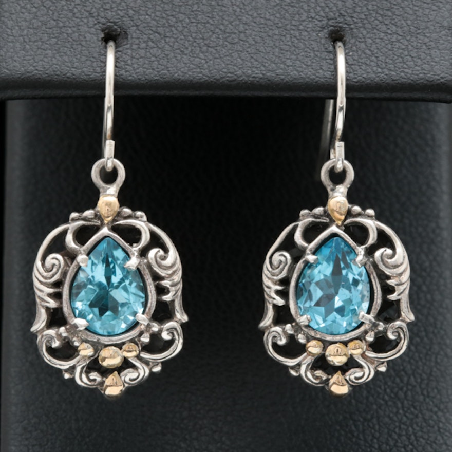 Sterling SIlver, 18K Yellow Gold and Swiss Blue Topaz Dangle Earrings